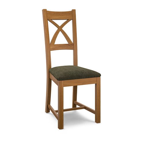 Cross Back Rustic Solid Oak Chair with Verona Green Fabric Seat