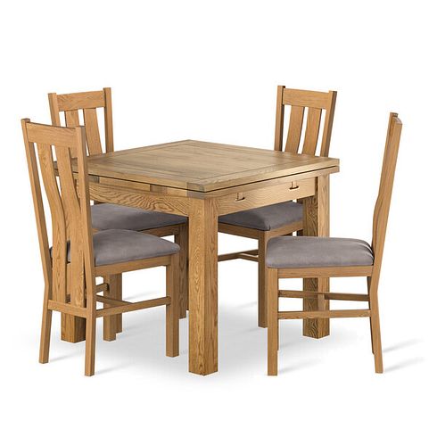 Dorset 3ft x 3ft Natural Oak Extending Dining Table + 4 Arched Back Natural Solid Oak Chair with Dappled Beige Fabric Seat