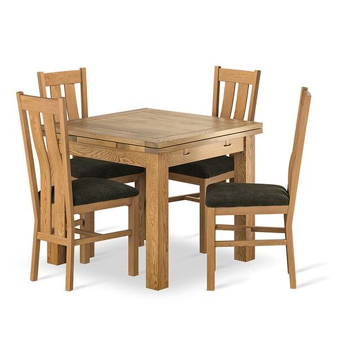 Dorset 3ft x 3ft Natural Oak Extending Dining Table + 4 Arched Back Natural Solid Oak Chair with Verona Green Fabric Seat