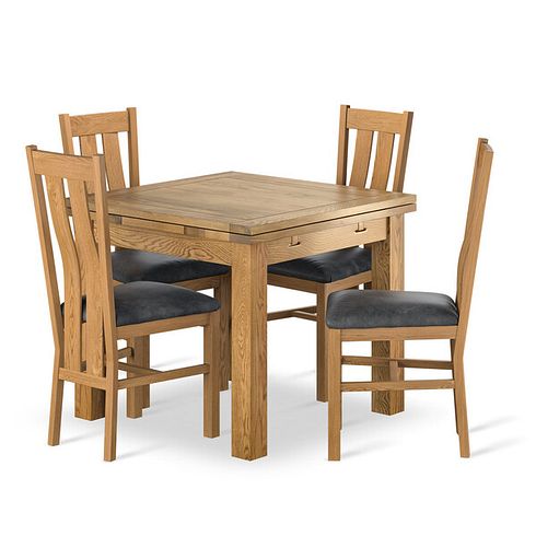 Dorset 3ft x 3ft Natural Oak Extending Dining Table + 4 Arched Back Natural Solid Oak Chair with Vintage Black Leather Look Fabric Seat