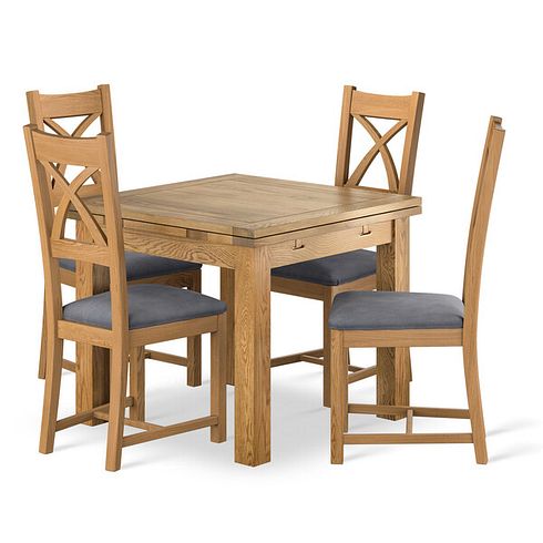 Dorset 3ft x 3ft Natural Oak Extending Dining Table + 4 Cross Back Natural Solid Oak Chair with Dappled Silver Fabric Seat