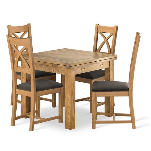 Dorset 3ft x 3ft Natural Oak Extending Dining Table + 4 Cross Back Natural Solid Oak Chair with Verona Chocolate Fabric Seat