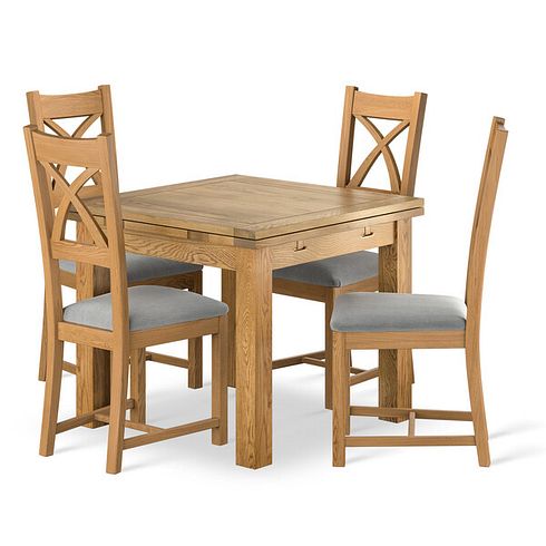 Dorset 3ft x 3ft Natural Oak Extending Dining Table + 4 Cross Back Natural Solid Oak Chair with Verona Grey Fabric Seat
