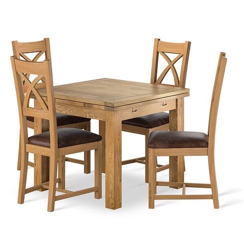 Dorset 3ft x 3ft Natural Oak Extending Dining Table + 4 Cross Back Natural Solid Oak Chair with Vintage Brown Leather Look Fabric Seat