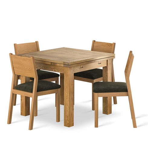 Dorset 3ft x 3ft Natural Oak Extending Dining Table + 4 Ellison Natural Oak Chair with Verona Green Fabric Seat