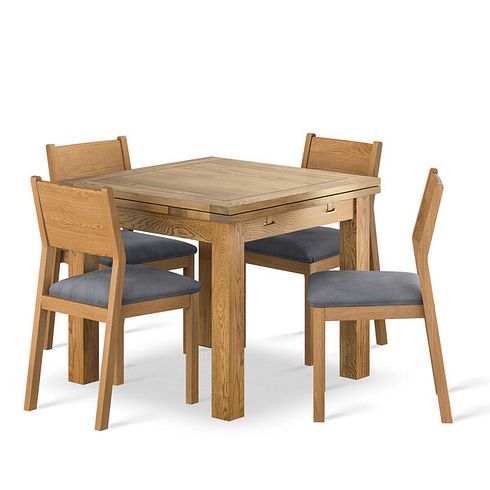 Dorset 3ft x 3ft Natural Oak Extending Dining Table + 4 Ellison Oak Chair with Dappled Silver Fabric Seat