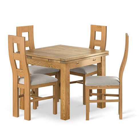 Dorset 3ft x 3ft Natural Oak Extending Dining Table + 4 Wave Back Natural Solid Oak Chair with Verona Cream Fabric Seat