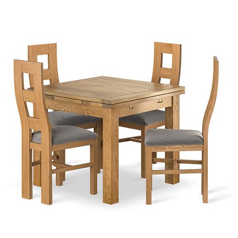 Dorset 3ft x 3ft Natural Oak Extending Dining Table + 4 Wave Back Natural Solid Oak Chair with Verona Mocha Fabric Seat