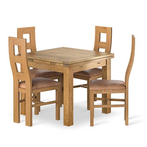 Dorset 3ft x 3ft Natural Oak Extending Dining Table + 4 Wave Back Natural Solid Oak Chair with Vintage Tan Leather Look Fabric Seat