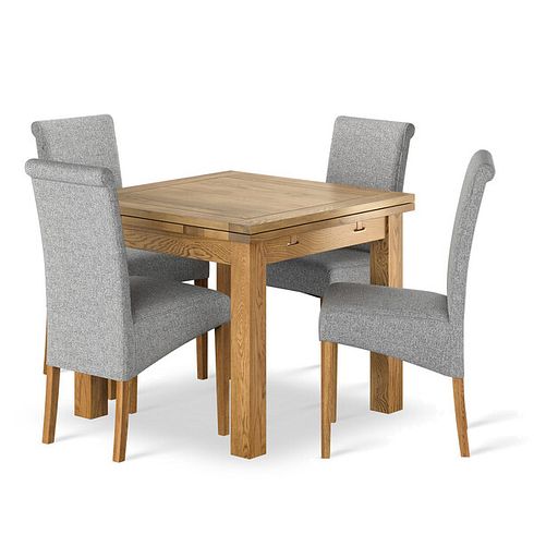Dorset 3ft x 3ft Natural Oak Extending Dining Table and 4 Scroll Back Chair in Conway Grey Fabric