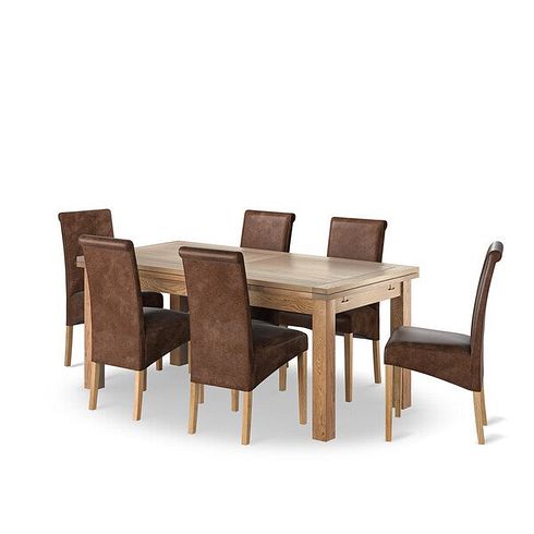 Dorset 6ft Natural Oak Extending Dining Table + 6 Scroll Back Chairs in Vintage Brown Leather Look Fabric with Oak Legs