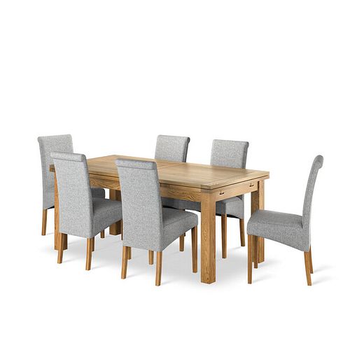 Dorset 6ft x 3ft Natural Oak Extending Dining Table and 6 Scroll Back Chair in Conway Grey Fabric