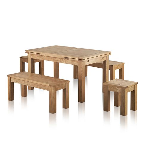 Dorset Natural Solid Oak 4ft 7" Extending Dining Table with 2 Benches and 2 Square Stools