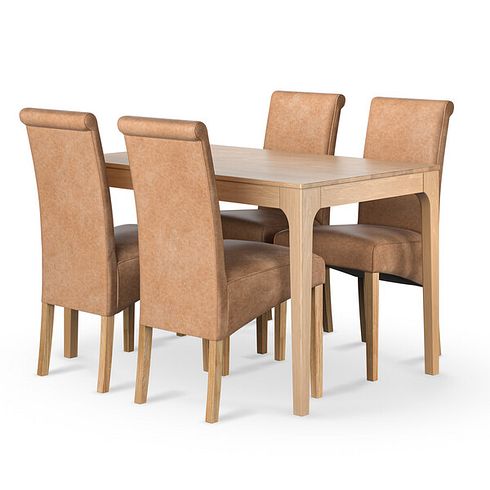 Durham Natural Oak Dining Table + 4 Scroll Back Chair in Vintage Tan Leather Look Fabric with Oak Legs