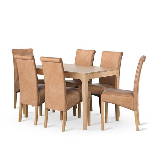 Durham Natural Oak Dining Table + 6 Scroll Back Chair in Vintage Tan Leather Look Fabric with Oak Legs