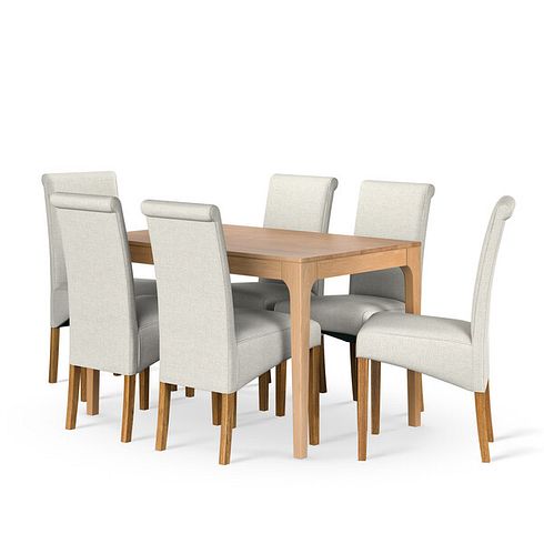 Durham Natural Oak Dining Table And 6 Scroll Backs in Conway Stone 