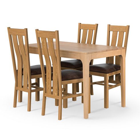 Durham Natural Oak Fixed Dining Table 120cm + 4 Arched Back Natural Solid Oak Chair with Vintage Brown Leather Look Fabric Seat