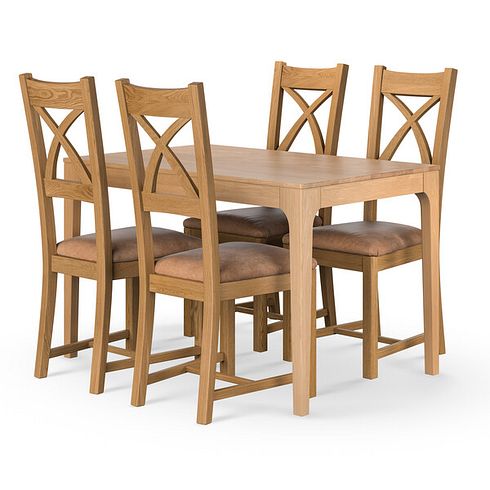 Durham Natural Oak Fixed Dining Table 120cm + 4 Cross Back Natural Solid Oak Chair with Vintage Tan Leather Look Fabric Seat