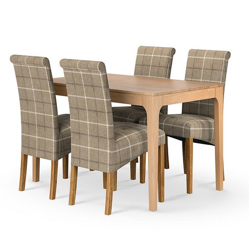 Durham Natural Oak Fixed Dining Table 120cm + 4 Scroll Back Chair in Checked Beige Fabric with Oak Legs