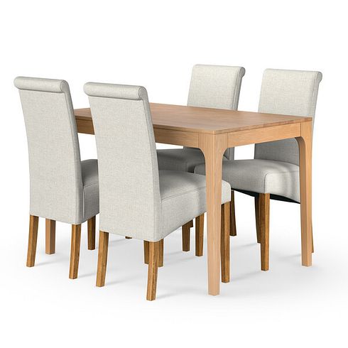 Durham Natural Oak Fixed Dining Table 120cm + 4 Scroll Back Chair in Conway Stone Fabric with Solid Oak Legs