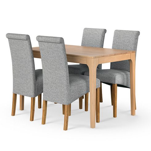 Durham Natural Oak Fixed Dining Table and 4 Scroll Back Chair in Conway Grey Fabric