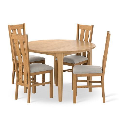 Durham Natural Oak Round Dining Table 120cm + 4 Arched Back Natural Solid Oak Chair with Verona Cream Fabric Seat