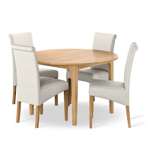 Durham Natural Oak Round Dining Table 120cm + 4 Scroll Back Chair in Conway Stone Fabric with Solid Oak Legs