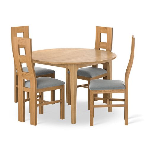 Durham Natural Oak Round Dining Table 120cm + 4 Wave Back Natural Solid Oak Chair with Verona Grey Fabric Seat