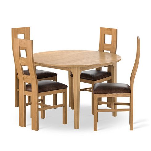 Durham Natural Oak Round Dining Table 120cm + 4 Wave Back Natural Solid Oak Chair with Vintage Brown Leather Look Fabric Seat