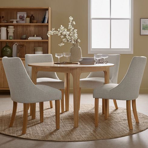 Durham Natural Oak Round Dining Table 120cm + 4 Zola Chairs in Conway Stone Fabric with Oak leg