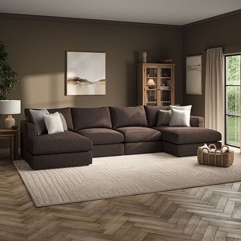Elston Modular 4 Seater U-Shape Chaise Sofa in Penny Cacao Fabric - Group 17