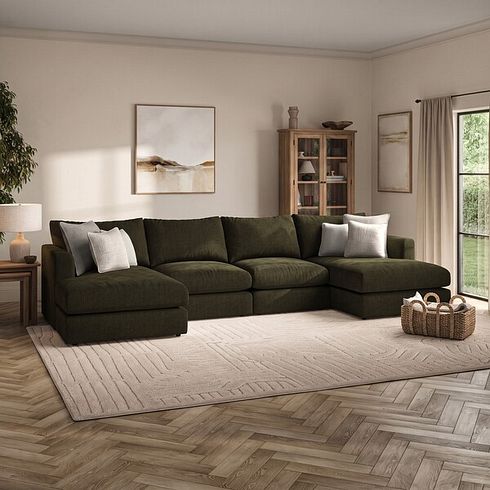 Elston Modular 4 Seater U-Shape Chaise Sofa in Penny Forest Fabric - Group 17