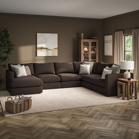 Elston Modular 6 Seater Left Hand Corner Sofa with Chaise in Penny Cacao Fabric - Group 18