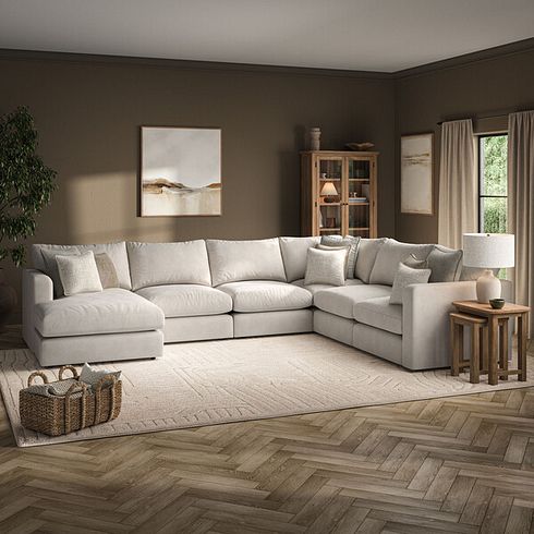 Elston Modular 6 Seater Left Hand Corner Sofa with Chaise in Penny Dove Fabric - Group 18