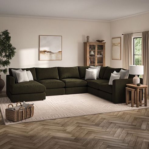Elston Modular 6 Seater Left Hand Corner Sofa with Chaise in Penny Forest Fabric - Group 18