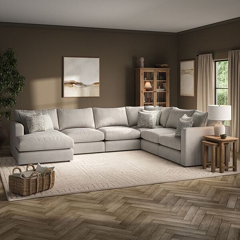 Elston Modular 6 Seater Left Hand Corner Sofa with Chaise in Penny Mid Grey Fabric - Group 18