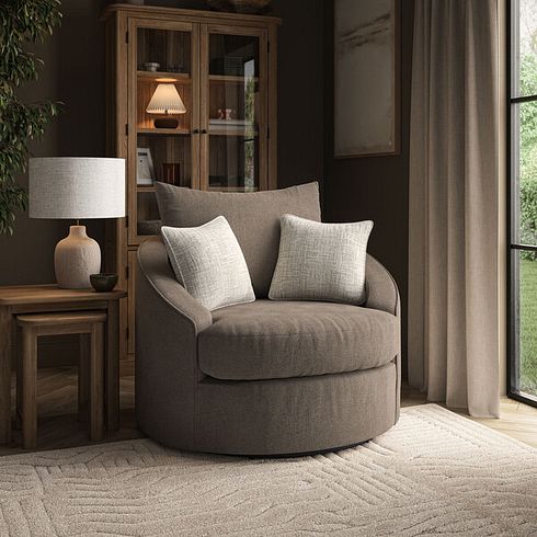 Elston Swivel Cuddler Chair in Penny Burrow Fabric