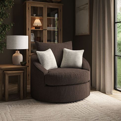 Elston Swivel Cuddler Chair in Penny Cacao Fabric