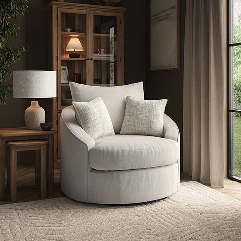 Elston Swivel Cuddler Chair in Penny Dove Fabric