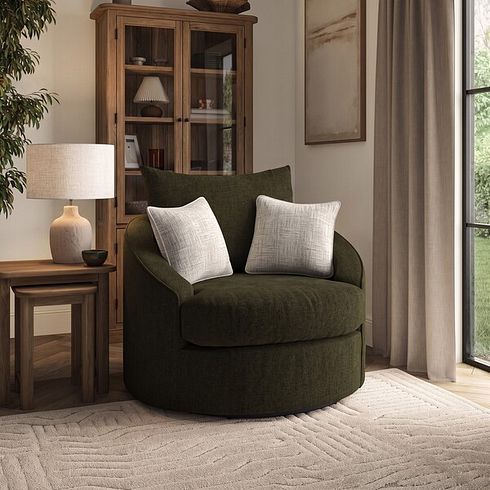Elston Swivel Cuddler Chair in Penny Forest Fabric