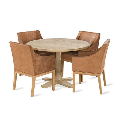 Henley Natural Oak Hardwood Dining Table + 4 Harper Chairs in Leather-Look Vintage Tan with Oak legs