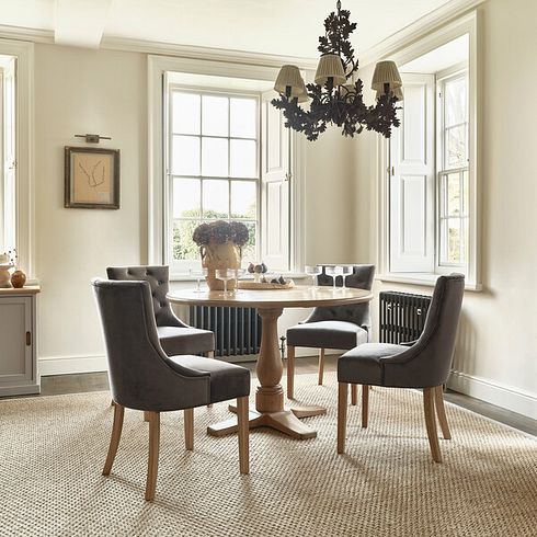 Henley Natural Oak Hardwood Round Dining Table + 4 Isobel Button Back Chairs in Storm Grey Velvet with Natural Oak Legs