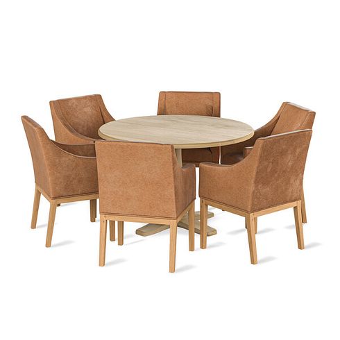 Henley Natural Oak Round Pedestal Dining Table + 6 Harper Chairs in Leather-Look Vintage Tan with Oak leg