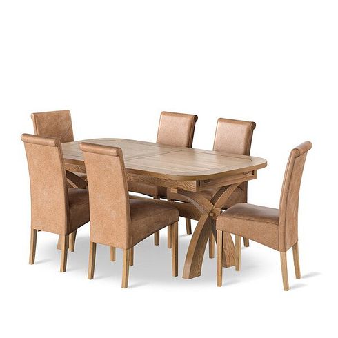 Hercules Natural Oak Extending Dining Table + 6 Scroll Back Chairs in Vintage Tan Leather Look Fabric with Oak Legs