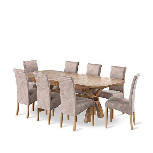 Hercules Natural Oak Extending Dining Table + 8 Scroll Back Chairs in Heritage Mink Velvet with Oak Legs