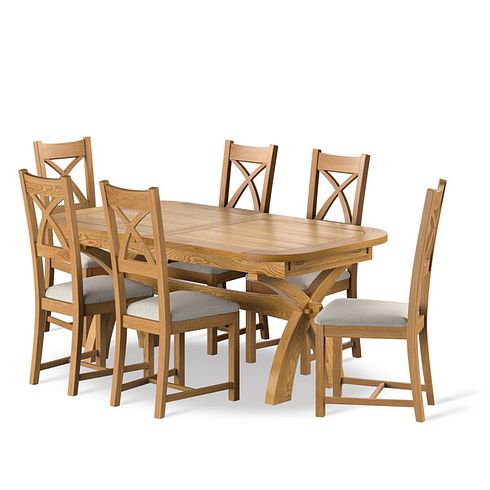 Hercules Natural Oak Extending Dining Table And 6 Cross Backs In Verona Grey 