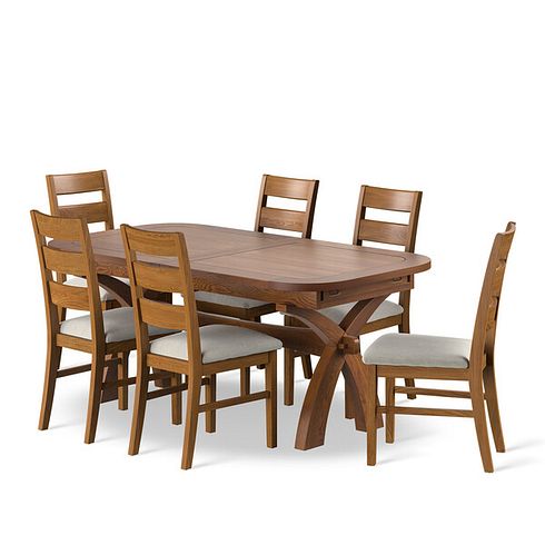 Hercules Rustic Extending Dining Table and 6 Linear Rustic Oak Chair with Verona Cream Fabric