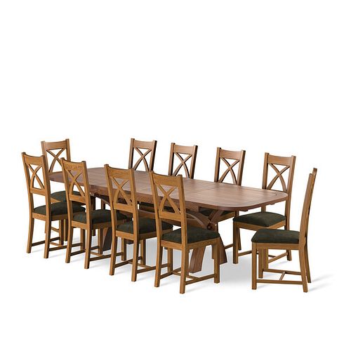 Hercules Rustic Oak Extending Dining Table And 10 Cross Backs In Verona Green