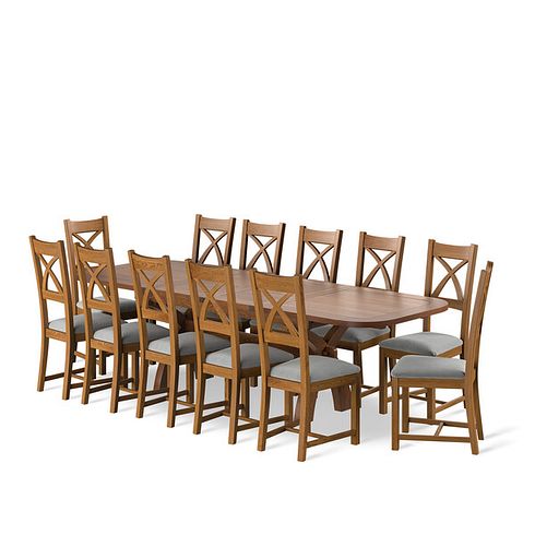 Hercules Rustic Oak Extending Dining Table And12 Cross Backs In Verona Grey 