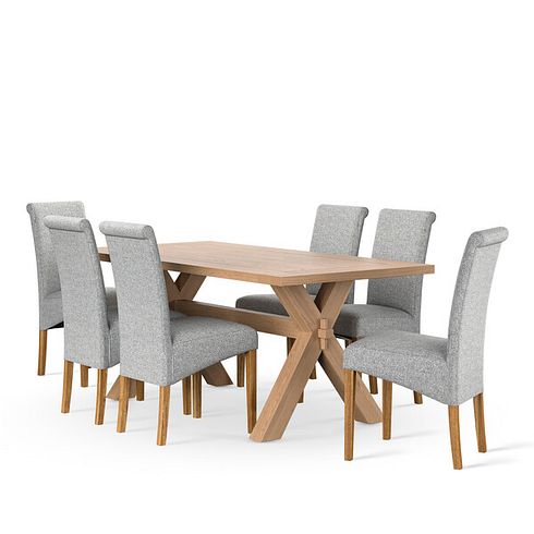 Highworth Natural Oak Dining Table and 6 Scroll Back Chair in Conway Grey Fabric